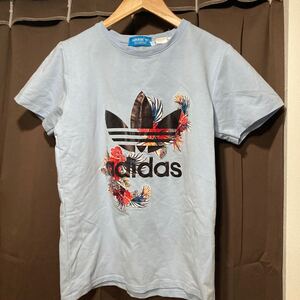 y558 adidas Tシャツ デサント製 ハイビスカス トレフォイル プリント Y2K ストリート 古着 CBOY おしゃれ アディダス