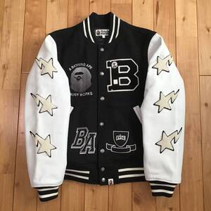 BAPE STA 袖レザー スタジャン Mサイズ black a bathing ape star leather varsity jacket エイプ ベイプ アベイシングエイプ h342