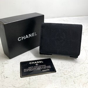 f001 B 2. CHANEL シャネル ココマーク ニュートラベルライン キャンバス×レザー 三つ折り 財布 ウォレット 札入れ ブラック系 箱入り