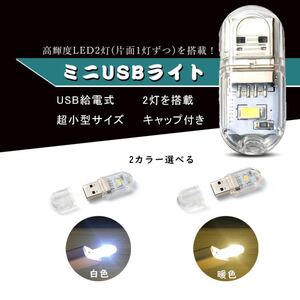 USB LEDライト 両面発光 ミニライト 両面発光 LED 2灯 小型 軽量 携帯 簡単点灯 キャップ付き 明るい 