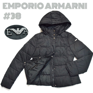  EMPORIO ARMANI■袖ロゴ金具付きブルゾンジャケット　フード付きコート　レディース38（M）ジャンパー　黒ブラック　エンポリオアルマーニ