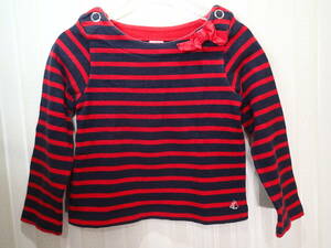 ★プチバトー/petit bateau 104cm★肩スナップボタン/ボーダー柄長袖カットソー（赤・ネイビー）ｔ1975