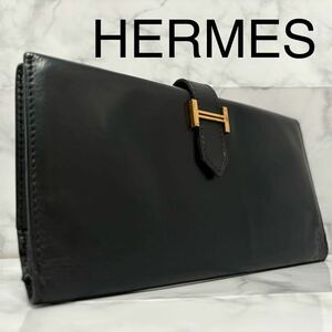【入手困難】エルメス HERMES ベアン カーフクラシック 二つ折り長財布 ゴールド金具 ブラック黒 ロングウォレット 本革レザー メンズ