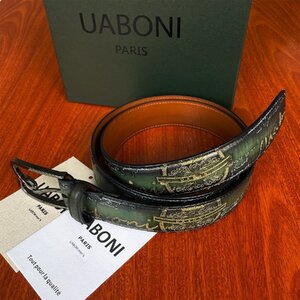 希少 EU製 定価9万◆UABONI*ユアボニ*幻のパティーヌ*ベルト◆手染 ゴールデン 調節可能 本革 レザー スーツ ビジネス 紳士用 メンズ