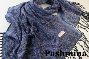 新品【Pashmina パシュミナ】ツタ 華 ペイズリー柄 大判 ストール ブラック系 パープル ブルー Cashmere カシミア100%