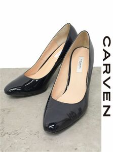 HGC-X280/美品 CARVEN カルヴェン パンプス ヒール エナメル レザー アーモンドトゥ 24cm 濃紺 日本製