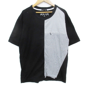 ミッシェルクランオム M.K HOMME Tシャツ カットソー 半袖 クルーネック 切替 ストライプ柄 48 L 黒 白 ブラック ホワイト メンズ