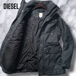 希少XXL相当!!!美品◎ DIESEL ダウンコート ロゴプレート ミリタリー アウター フルジップ フード収納 2way ブラック ディーゼル メンズ 3L