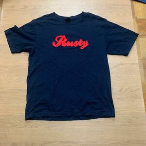 RUSTY【UESD】半袖Tシャツ 濃紺 サイズ　ＸL　古着　ラスティ　チェーンステッチ　BEACH HAPPY HAPPIE ハッピー　サーフ　