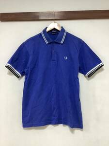 え1430 FRED PERRY フレッドペリー 鹿の子 半袖ポロシャツ M ブルー 襟ライン 