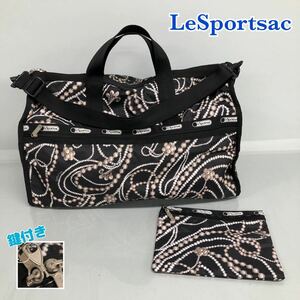 H■ LeSportsac レスポートサック ボストンバッグ チャールストン 鍵付き ポーチ付き ブラック 黒 ナイロン 斜めがけ 旅行 鞄 バッグ