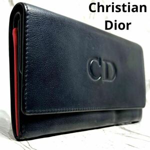 【美品】クリスチャンディオール Christian Dior ウォレット 長財布 コンチネンタル CDロゴ 本革レザー 紺色ネイビー メンズ レディース