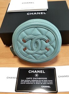 【美品・1円スタート】CHANEL CC フィリグリー マトラッセ キャビアスキン コインケース ポーチ 水色 