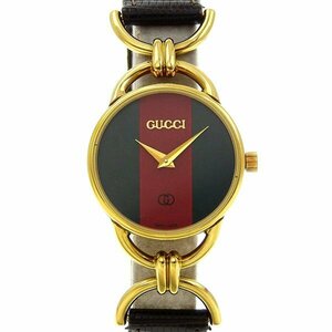 1円 稼働 グッチ GUCCI クオーツ シェリー GP×レザー グリーン×レッド文字盤 レディース 腕時計