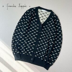 franche lippee　フランシュリッペ　リボン柄　総柄　カーディガン　Vネック　黒