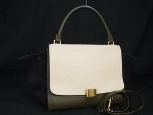 1円 ■美品■ CELINE セリーヌ トラペーズ レザー×スエード 2WAY ハンドバッグ ショルダーバッグ 肩掛けかばん アイボリー系 BG7777