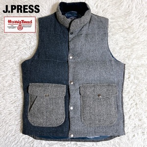 【J.PRESS × ハリスツイード】ウール ダウンベスト クレイジーパターン グレー/ネイビー LL XL メンズ Jプレス ジェイプレス Harris Tweed