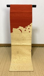 【着物のちさと屋】D449　帯・袋帯　単衣(トンネル仕立)　正絹西陣織　金、茶色、綴花大柄共色