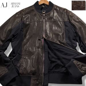 XLサイズ●アルマーニ ジーンズ ラムレザー ナイロン切替 ジャケット 羊革 ライダース ARMANI JEANS ダブルジップ 肩イーグルロゴ刻印 52