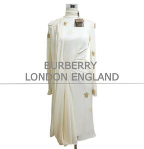 新品同様 BURBERRY LONDON ENGLAND バーバリーロンドンイングランド 34 スターパターン 長袖 膝丈 ワンピース ドレス ベージュ系