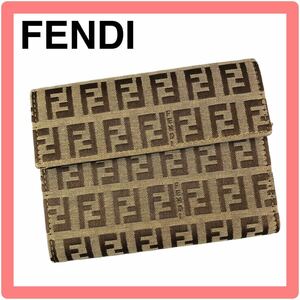 良品★FENDI★フェンディ★折財布★サイフ★ウォレット★ズッカ柄★キャンパス★レザー★ブラウン系★ズッキーノ★三つ折り