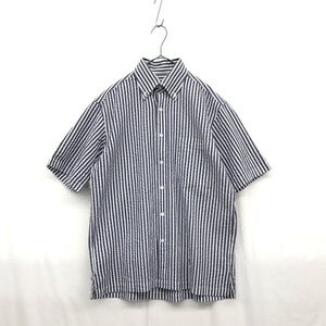 JZ0405★Aquascutum : シアサッカー 半袖ボタンダウン ストライプ柄シャツ★M★ブルー系 コットン 日本製 アクアスキュータム