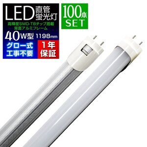 【100本セット】1年保証付き LED蛍光灯 昼光色 40W型 1198mm 約120cm 直管 LEDライト SMD グロー式 工事不要 照明 店舗 オフィス 省エネ