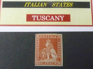 24　M　№23　イタリア切手 TUSCANY　1851-52年　SC#9　60cr　再版　透かし無　未使用OH　※説明欄必読