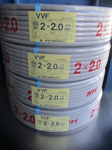 2024年2.3月製造 カワイ電線 VVF ケーブル 100m 2ｘ2.0mm 600V ビニル絶縁ビニルシースケーブル平形 質量 約12ｋｇ 灰*4個 未使用品