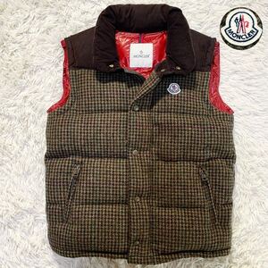 超希少!! モンクレール MONCLER アンダー ANDER ダウンベスト ワッペン 千鳥格子柄 切替 ツイード ブラウン レッド 1 メンズ 43309 正規品