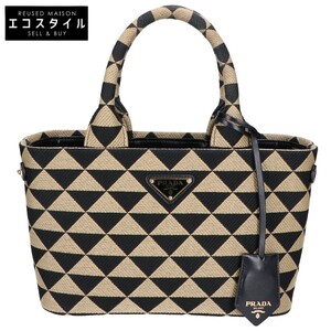 PRADA プラダ 1BG462 シンボル エンブロイダリーファブリックバッグ ハンドバッグ ブラック＆ベージュ レディース