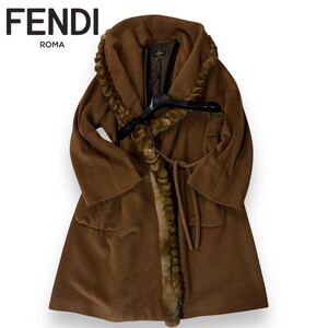 【美品】FENDI フェンディ ミンク ウール シルク ラビットファー ロング コート ガウン ブラウン 44サイズ イタリア製 ハンガー付 最高級