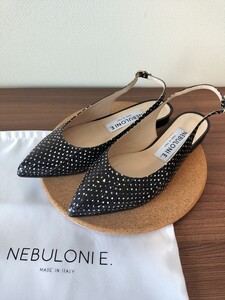 【美品/ミスターミニット裏貼り済】NEBULONI E.ネブローニ★ドット柄スネークバックストラップフラットシューズ★サイズ36