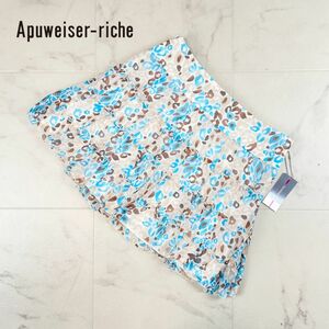 新品未使用 Apuweiser-riche アプワイザー・リッシェ 総柄シフォンフレアスカート ミニ丈 裏地あり 青 茶色 ブラウン 白 サイズ2*JC954