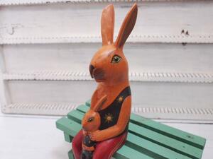 ビンテージバリ島面白木彫＊クールなウサギの親子腰掛け☆置物