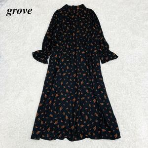 グローブ grove ヴィンテージライクワンピース 花柄 L ブラック