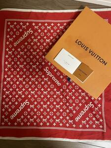 Louis Vuitton×Supreme コラボ　ルイヴィトン シュプリーム コラボ バンダナ 55cm レッド コットン スカーフ バンダナ
