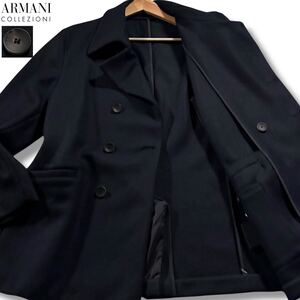 極美品/XLサイズ●アルマーニ コレツィオーニ ウール ピーコート ジャケット ARMANI COLLEZIONI ダブル ボタンロゴ刻印 ネイビー 54