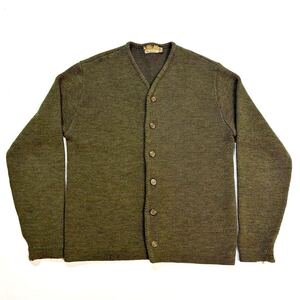 60s ウール ニット カーディガン メタルボタン ビンテージ カーキ L ビッグサイズ / 60年代 WOOL Knit 50s 40s vintage セーター 無地 30s