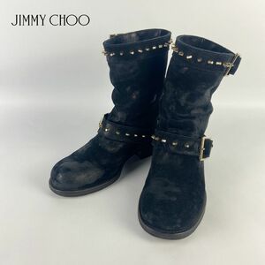 JIMMY CHOO ジミー チュウ 36 23.0 エンジニアブーツ スエードレザーブーツ ミドル スタッズ 本革 レザー 黒 ブラック/ZB212