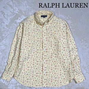 超美品RALPH LAUREN ラルフローレン 花柄長袖シャツ コットン ポニー刺繍 ワンポイント レディース S程イエロー ナイガイ送料230円