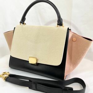 【美品】 正規品 セリーヌ ハンドバッグ トラペーズ ハラコ ショルダー付 2way ショルダーバッグ CELINE レザー 肩掛け バイカラー