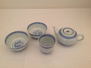 【中古品】中国美術 飲茶 中国茶器 蛍焼き 4点セット ティーポット＆湯呑み＆スープボウル(2個) 中国景徳鎮