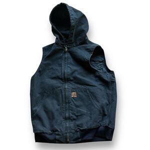 レア　Carhartt カーハート　メキシコ製　フードベスト　フーディベスト　00s 古着 ダックベスト フェード　ブラック　サイズL