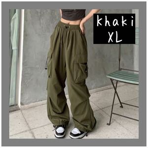 【お値下げ中】カーゴパンツ　ワイドパンツ　パンツ　レディース　カーキ　緑　XL