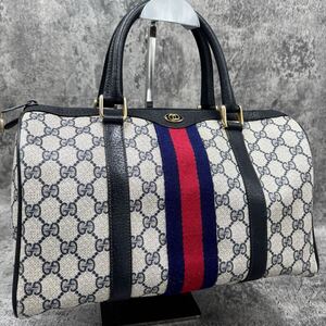 極美品 GUCCI グッチ シェリーライン GG ボストンバッグ ハンド ヴィンテージ ネイビー ベージュ レザー 本革 PVC 金具 ロゴ 粉吹きなし