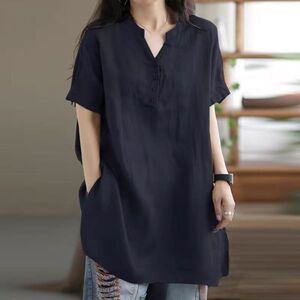 新品* チュニック 半袖 Tシャツ チュニックワンピース 夏 ロング ブラウス トップス シャツ 綿麻 大きいサイズ ゆったり 大人*ネイビー *