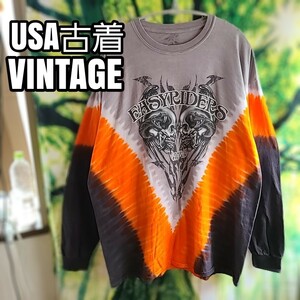 USA古着 ビッグサイズ 灰 ロンT Tシャツ 長袖 プリントTシャツ 派手 タイダイ 綿 ダメージ グランジ ビンテージ 90s 古着 BLACK