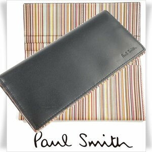 新品1円～★定価3万 ポールスミス Paul Smith 牛革 レザー 二つ折り長財布 ロングウォレット ブラック マルチストライプ 黒◆3509◆