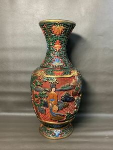 【聚寶堂】大清乾隆御製 剔紅漆器浮雕彩繪花瓶 高さ30 LJ-20